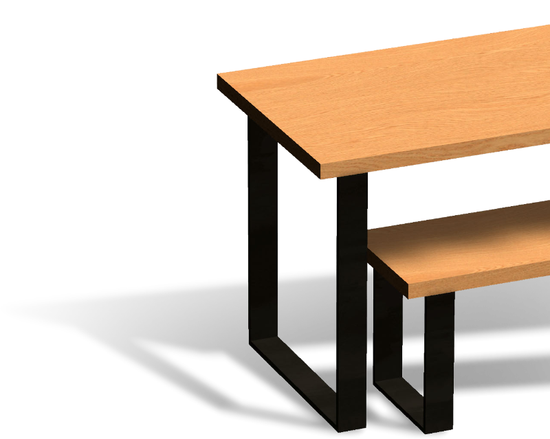Wooden table and bench set with black metal legs on a white background