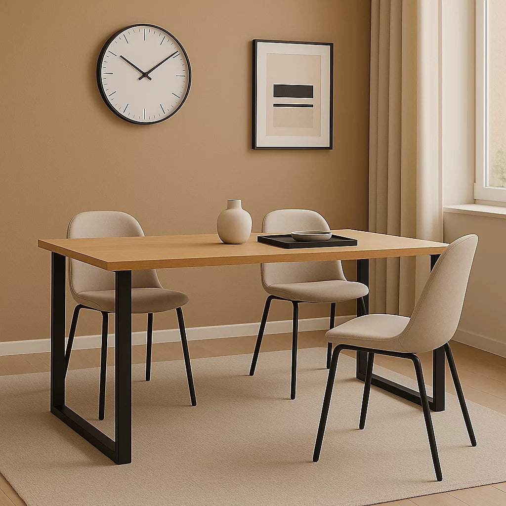 Dining room with a wooden table and four chairs against a beige wall.