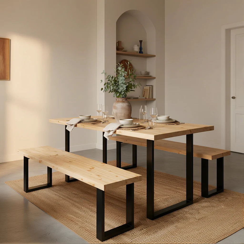 Dining table set with benches in a modern kitchen