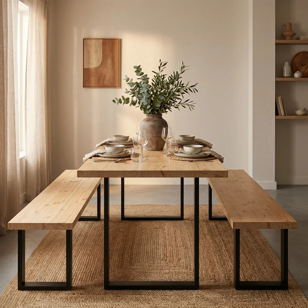 Dining room with wooden table and benches, plants, and decor.