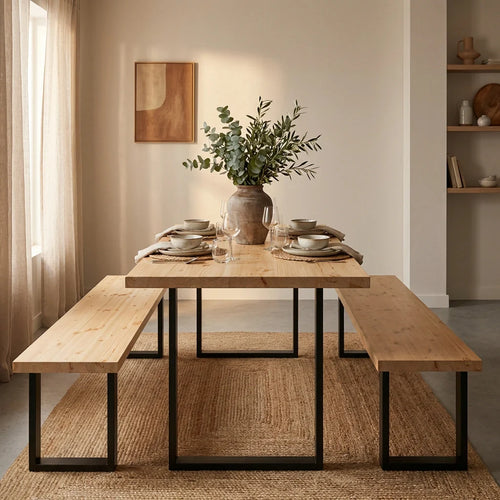 Dining room with wooden table and benches, plants, and decor.